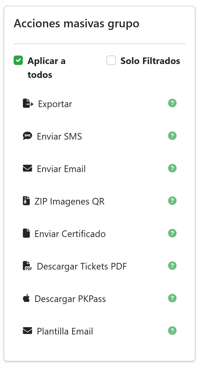 Acciones masivas disponibles en asistentes