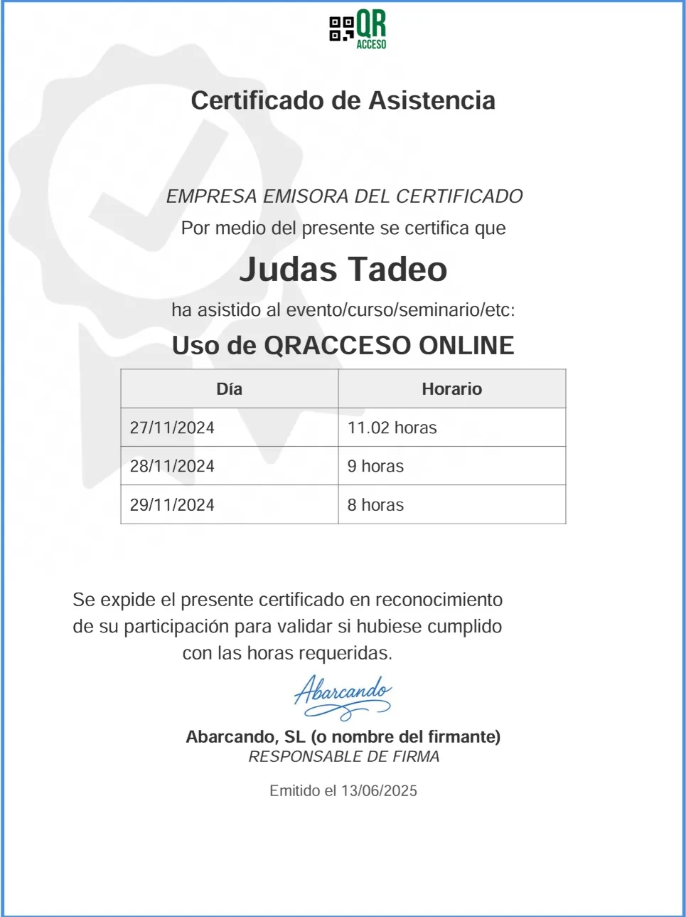 Ejemplo de certificado de asistencia configurable