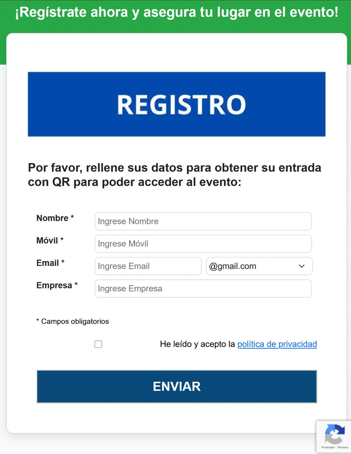 Ejemplo de web de registro de QRACCESO