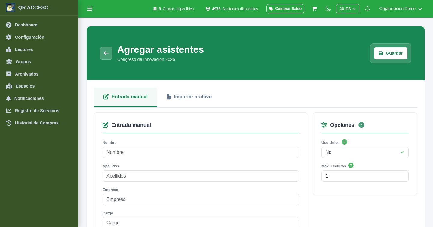 Pantalla para añadir e importar asistentes en QRACCESO