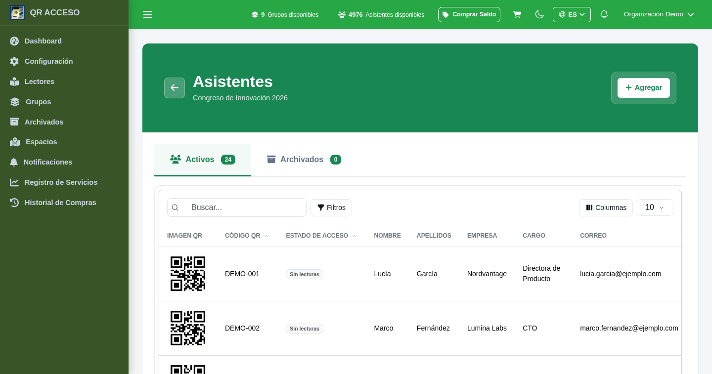 Panel de control de QRACCESO con la lista de asistentes de un evento