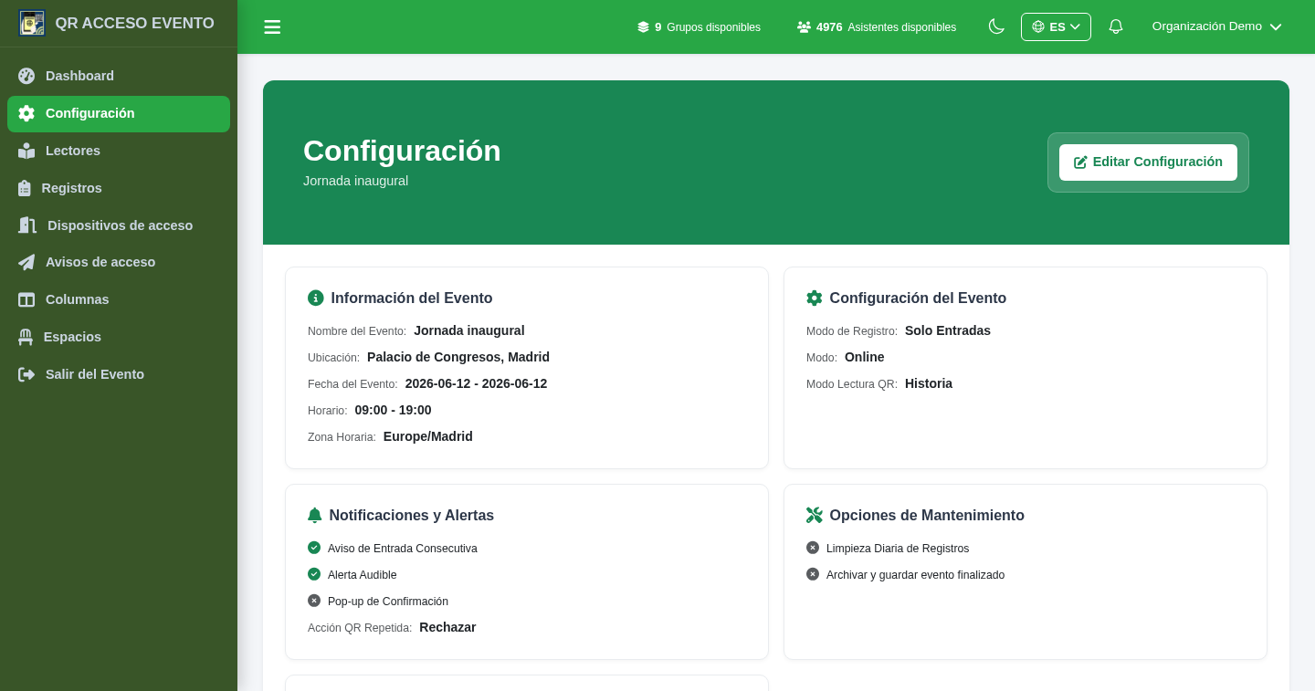 Configuración de un evento en QRACCESO: modo de registro, zona horaria y avisos