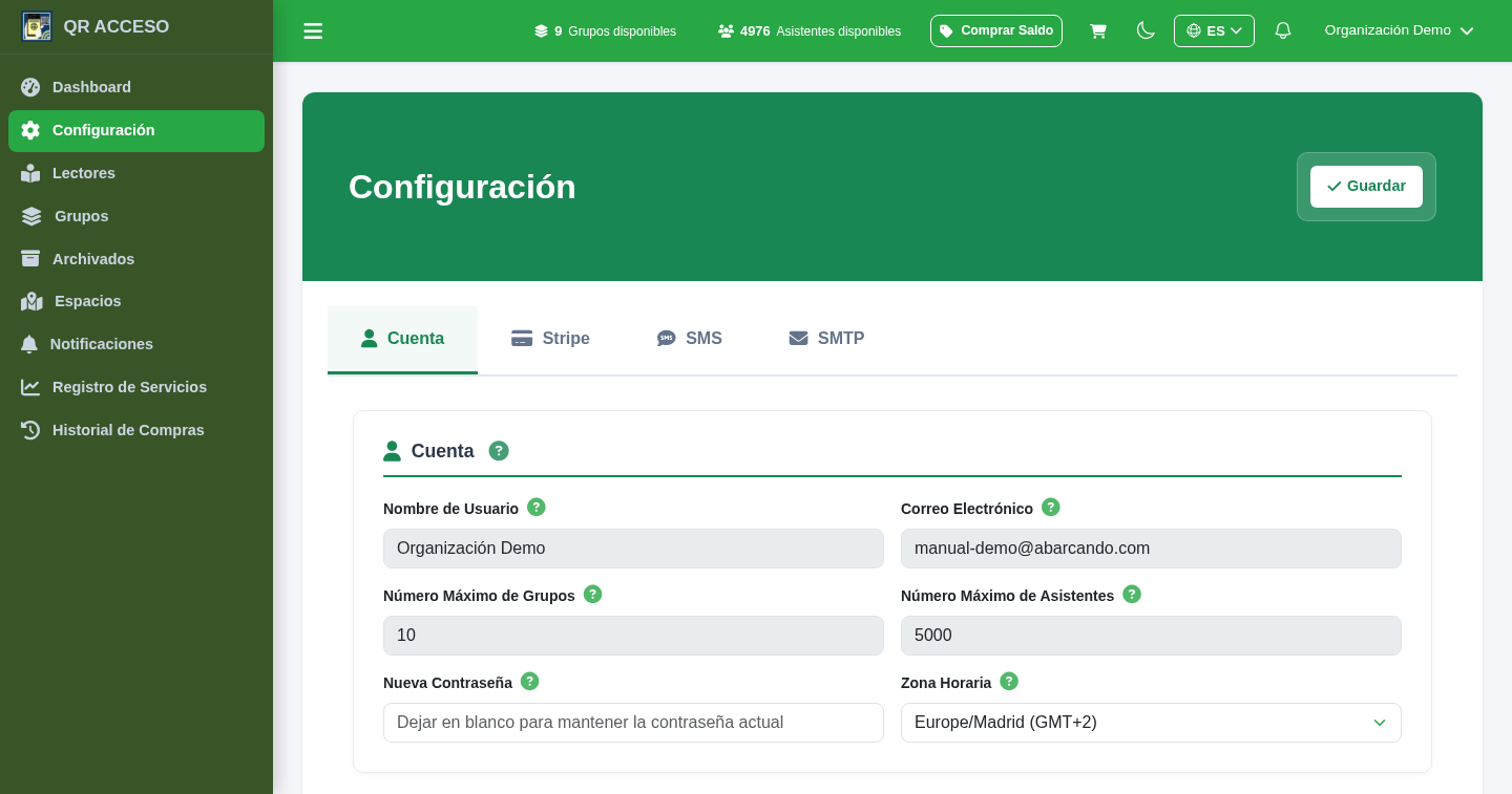 Pantalla de configuración de la cuenta en QRACCESO
