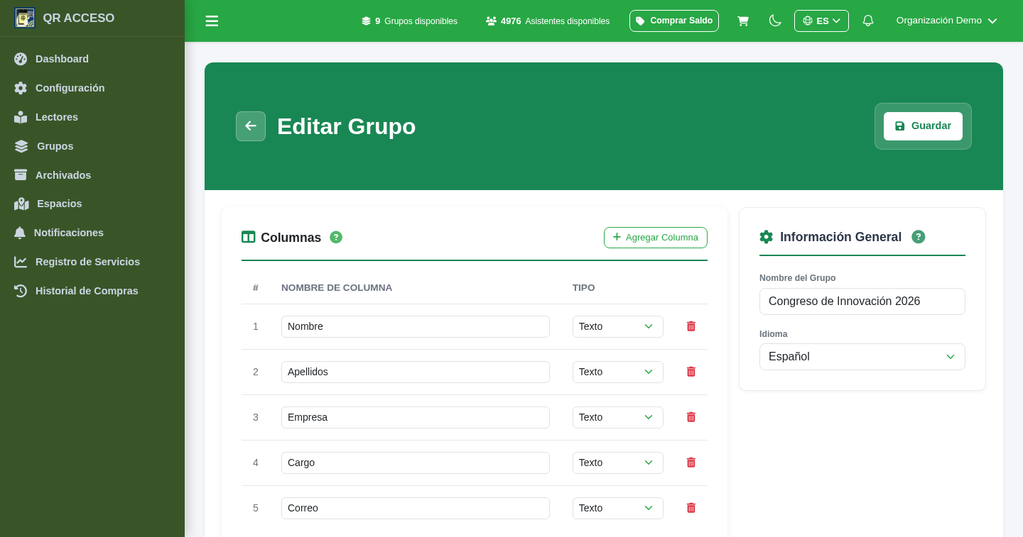 Edición de un grupo y sus campos personalizados en QRACCESO