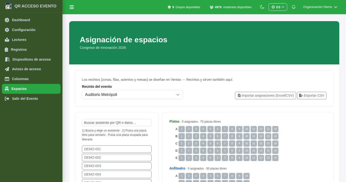 Asignación de asientos a asistentes sobre el plano del recinto en QRACCESO