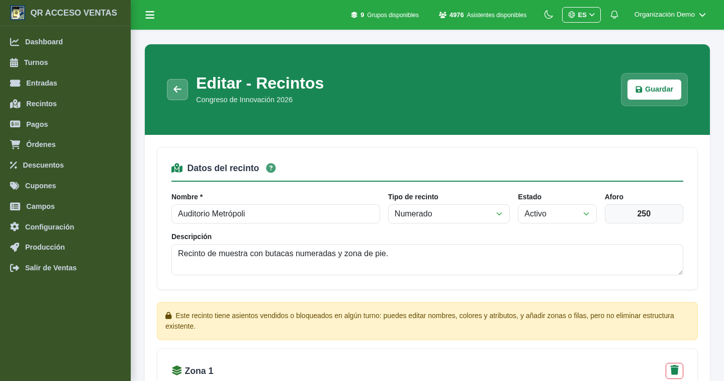 Diseñador de recintos de QRACCESO con las zonas de un auditorio