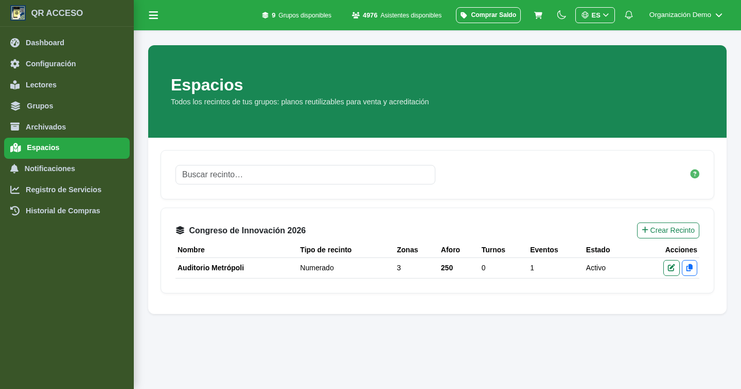 Lista de recintos (espacios) en QRACCESO