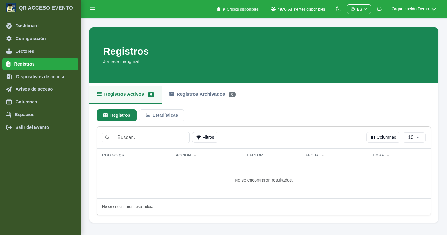 Historial de accesos y registros de un evento en QRACCESO