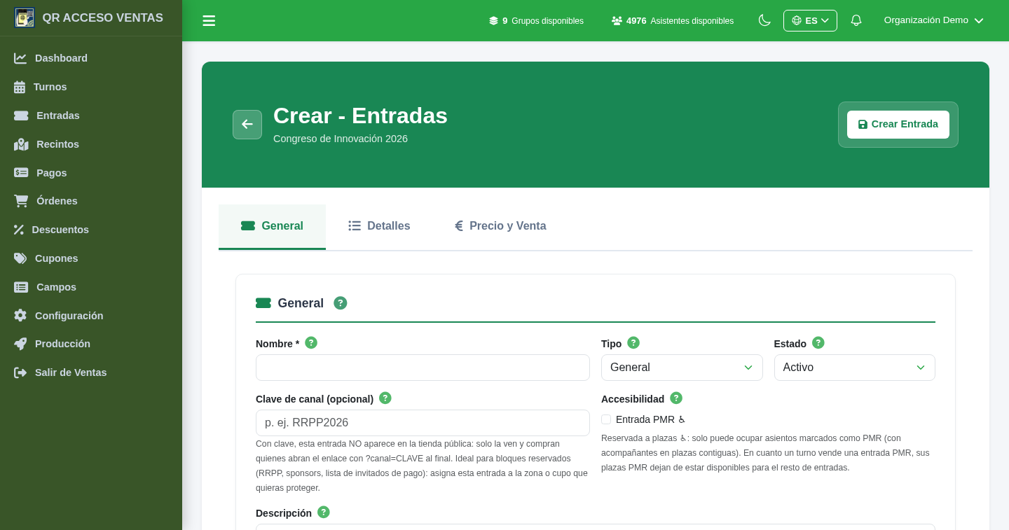 Formulario de creación de un tipo de entrada en Tickets10