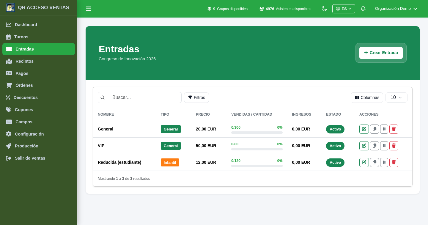 Lista de tipos de entrada en Tickets10, con precio y vendidas