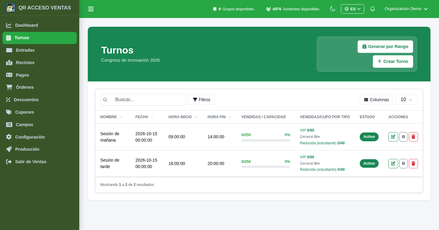 Turnos (sesiones) de venta con fecha, aforo y cupos en Tickets10